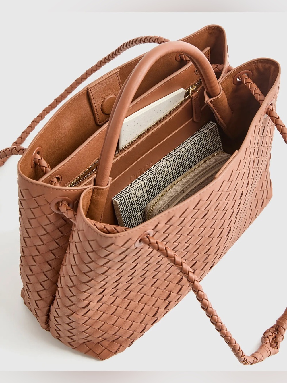 Quince Italian Leather Handwoven Large Satchel Cognac Color - Picture 8 of 14
